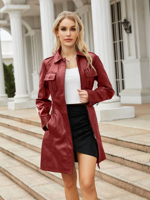 Slim Fit Mid-length Pocket With Belt Leather Jacket