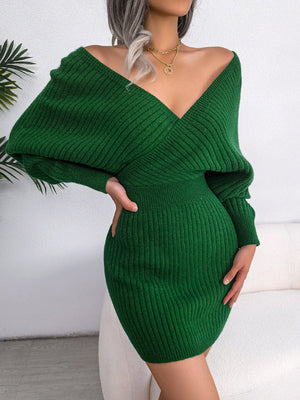 Cross V-neck Batwing Sleeves Hip-hugging Knitting Mini&Short Dresses