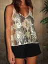 Sequined And Beaded Camisole Layered Over A Sexy And Slimming Short V-neck Tank Top