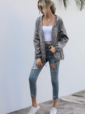 Hooded Zipper Outdoor Raincoat Coat Loose Windproof Long-sleeved Trench Coat