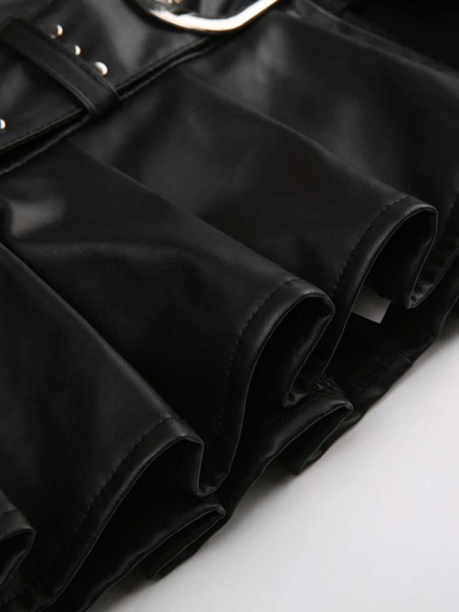 PU Leather Riveted And Stitched Belt With Slits And Pleats Skirts