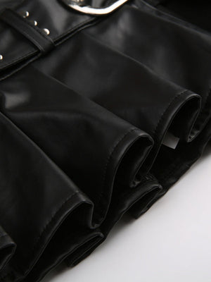PU Leather Riveted And Stitched Belt With Slits And Pleats Skirts