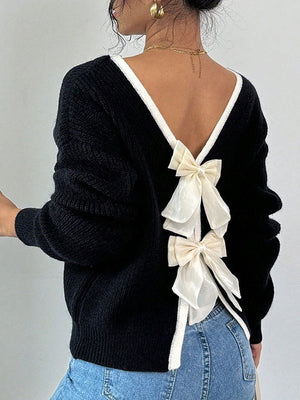 Bow Contrasting colors Backless Sweaters