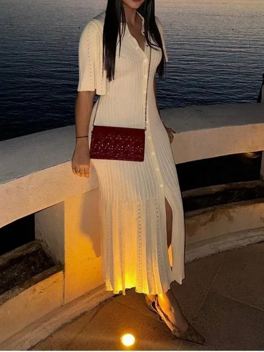 Short Sleeve Buttons Slit Knitting High Waist Workplace Maxi Dresses
