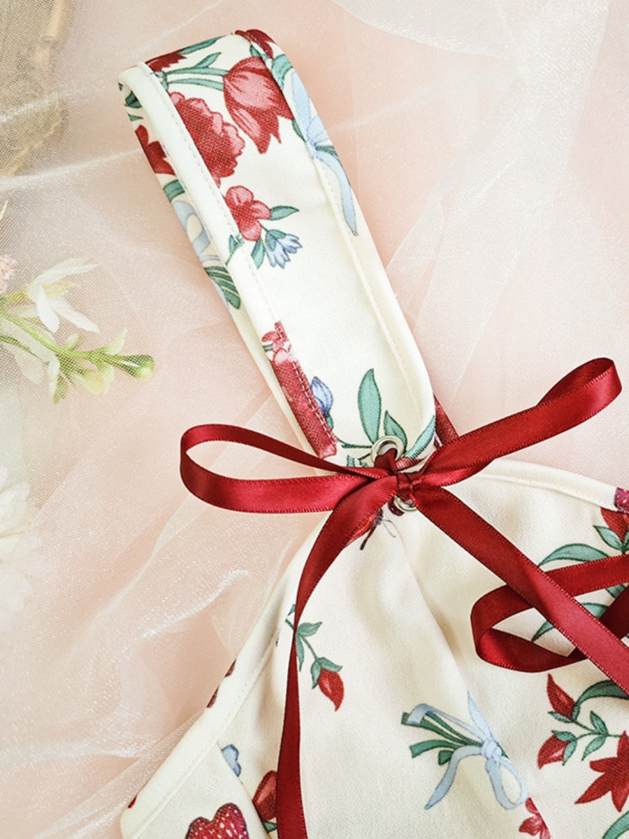 Sweet Floral Bow Lace Up Camisoles