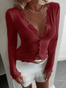 Cardigan Style With Ribbed Trim V-neck Lace Stitching Anti-stripping T-shirts Long-sleeved Knitted Cardigan