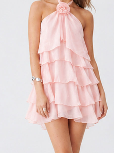 3D Flowers Halter Neck And Backless Layered Ruffles Sweet Mini&Short Dresses