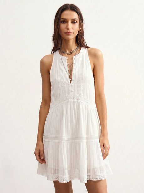 Lace Patchwork Stand-up Collar Buttons Large Skirt Mini&Short Dresses