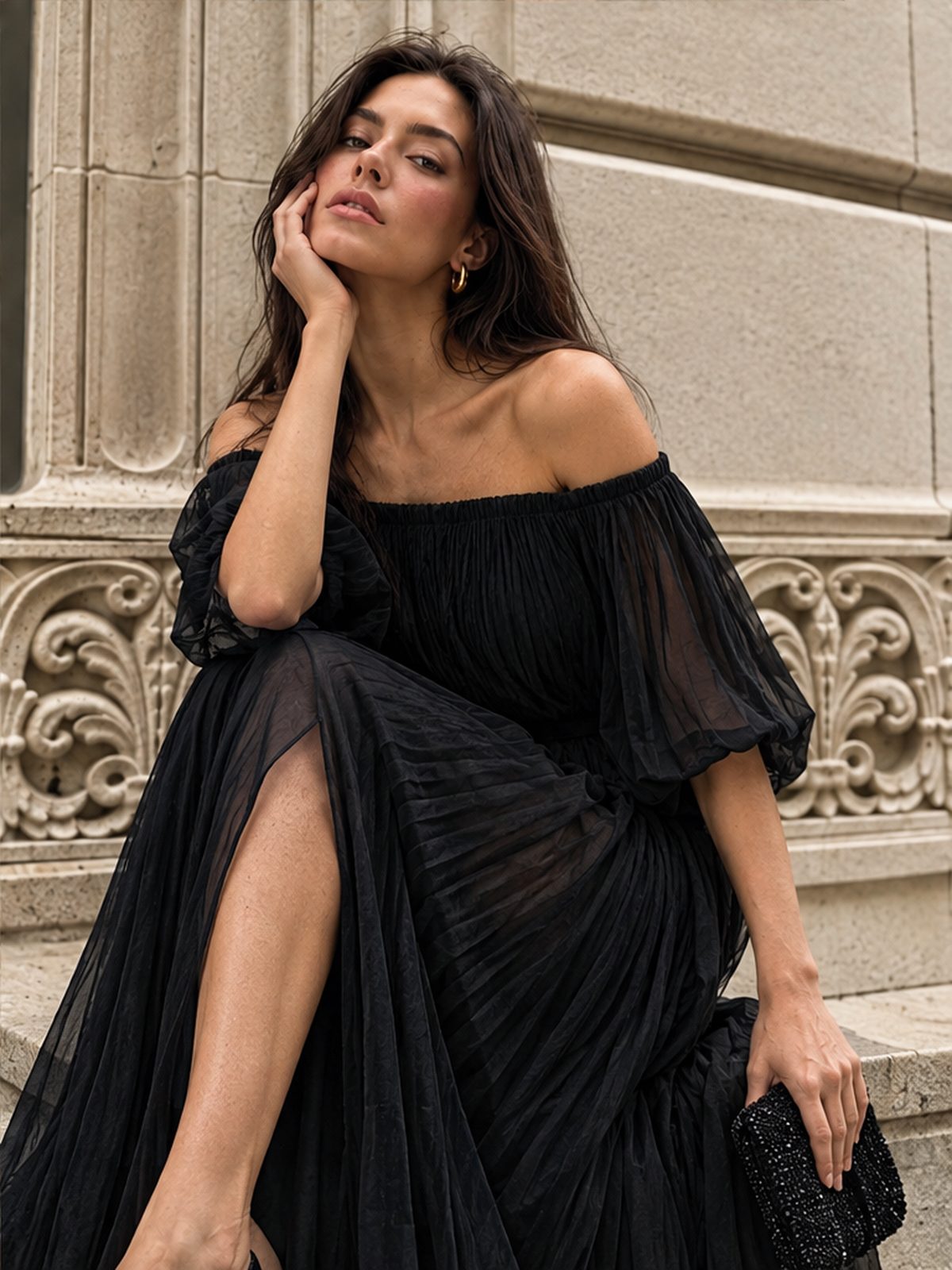 Off Shoulder Elegant Pleats Solid Color Slit Maxi Dresses
