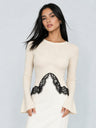 Simple And Modern Lace-trimmed Fitted Long-sleeved Top