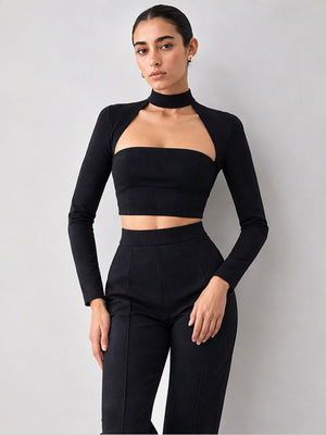 High-neck, Fitted, Faux Two-piece Set, Long-sleeved, Sexy, And Slimming Top