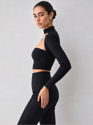 High-neck, Fitted, Faux Two-piece Set, Long-sleeved, Sexy, And Slimming Top