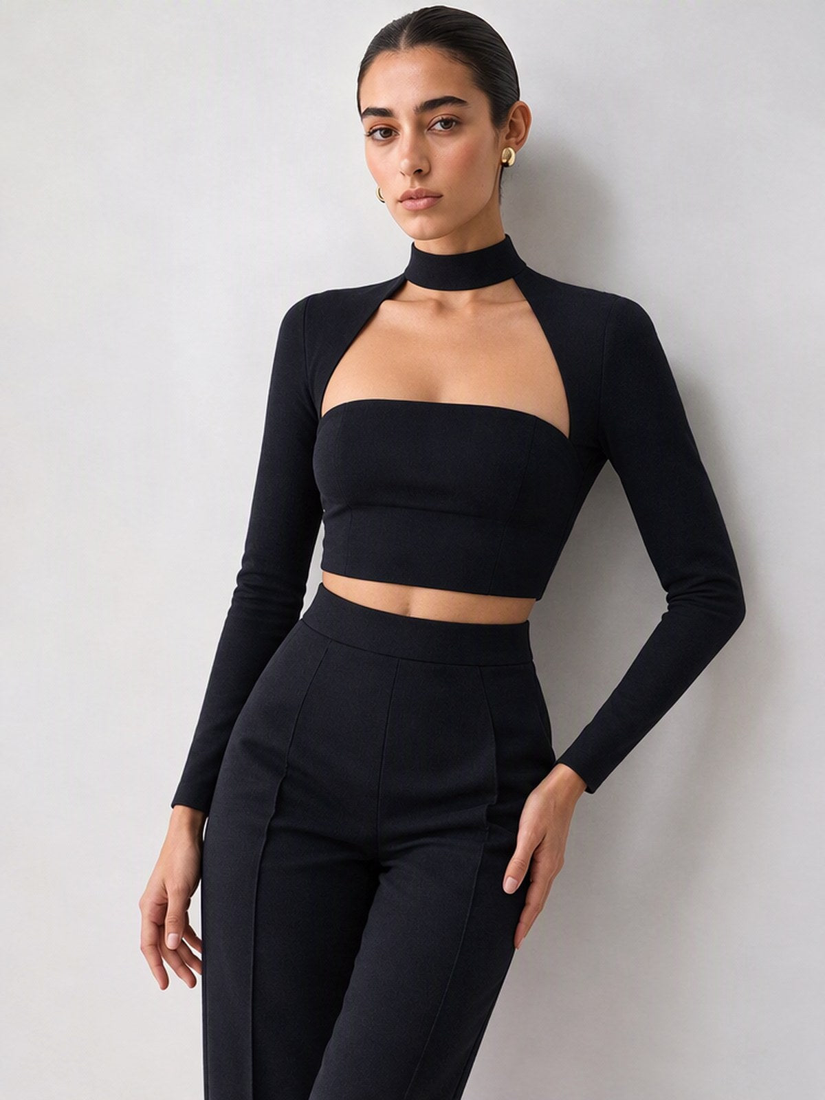 High-neck, Fitted, Faux Two-piece Set, Long-sleeved, Sexy, And Slimming Top