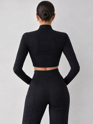 High-neck, Fitted, Faux Two-piece Set, Long-sleeved, Sexy, And Slimming Top
