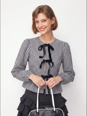 Asian Korean Style Plaid Loose Bow Long-sleeved Shirt