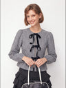 Asian Korean Style Plaid Loose Bow Long-sleeved Shirt