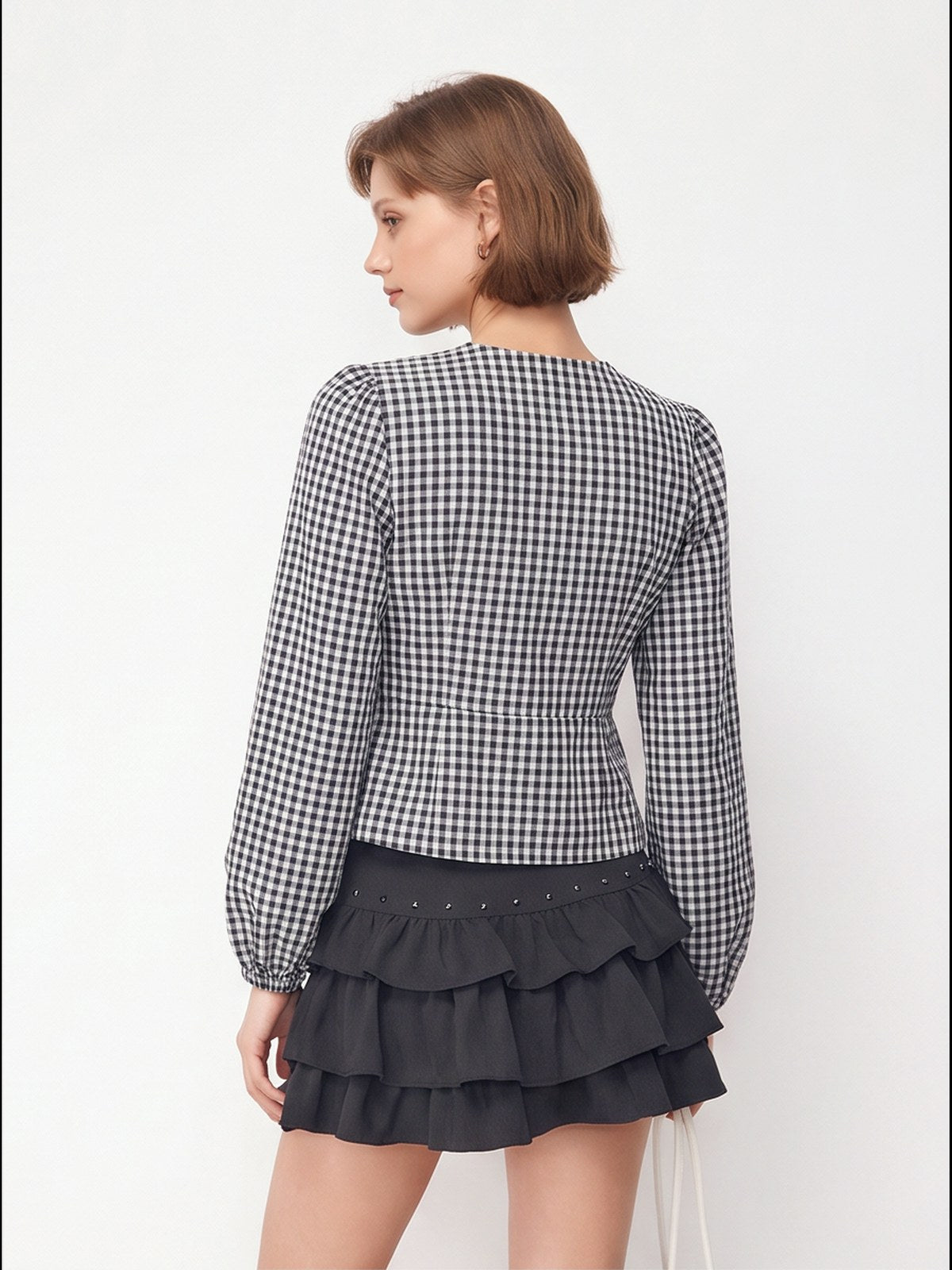 Asian Korean Style Plaid Loose Bow Long-sleeved Shirt