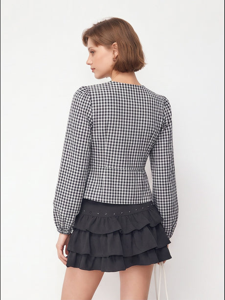 Asian Korean Style Plaid Loose Bow Long-sleeved Shirt