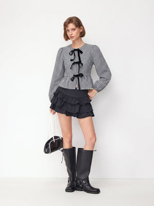 Asian Korean Style Plaid Loose Bow Long-sleeved Shirt