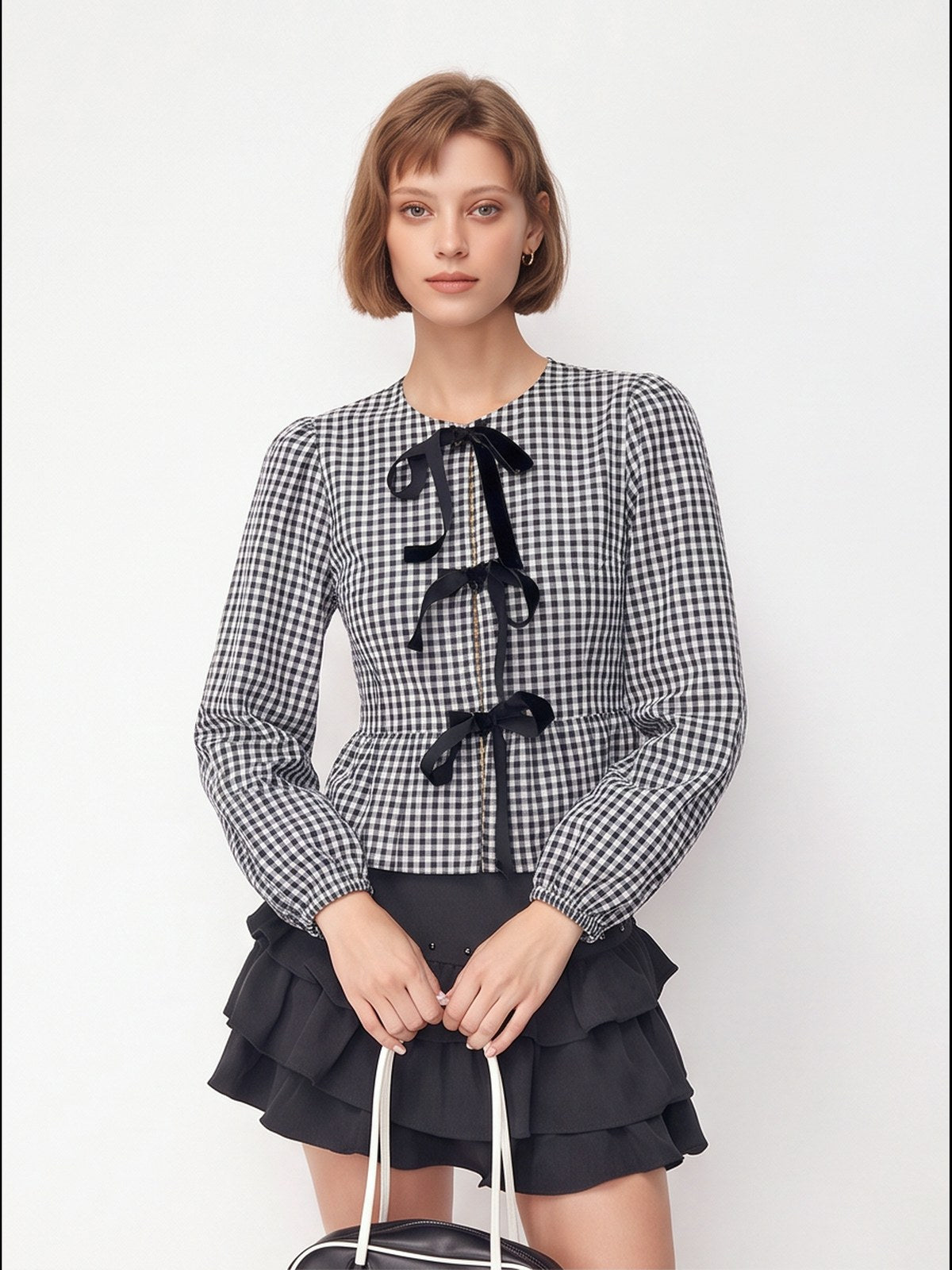 Asian Korean Style Plaid Loose Bow Long-sleeved Shirt