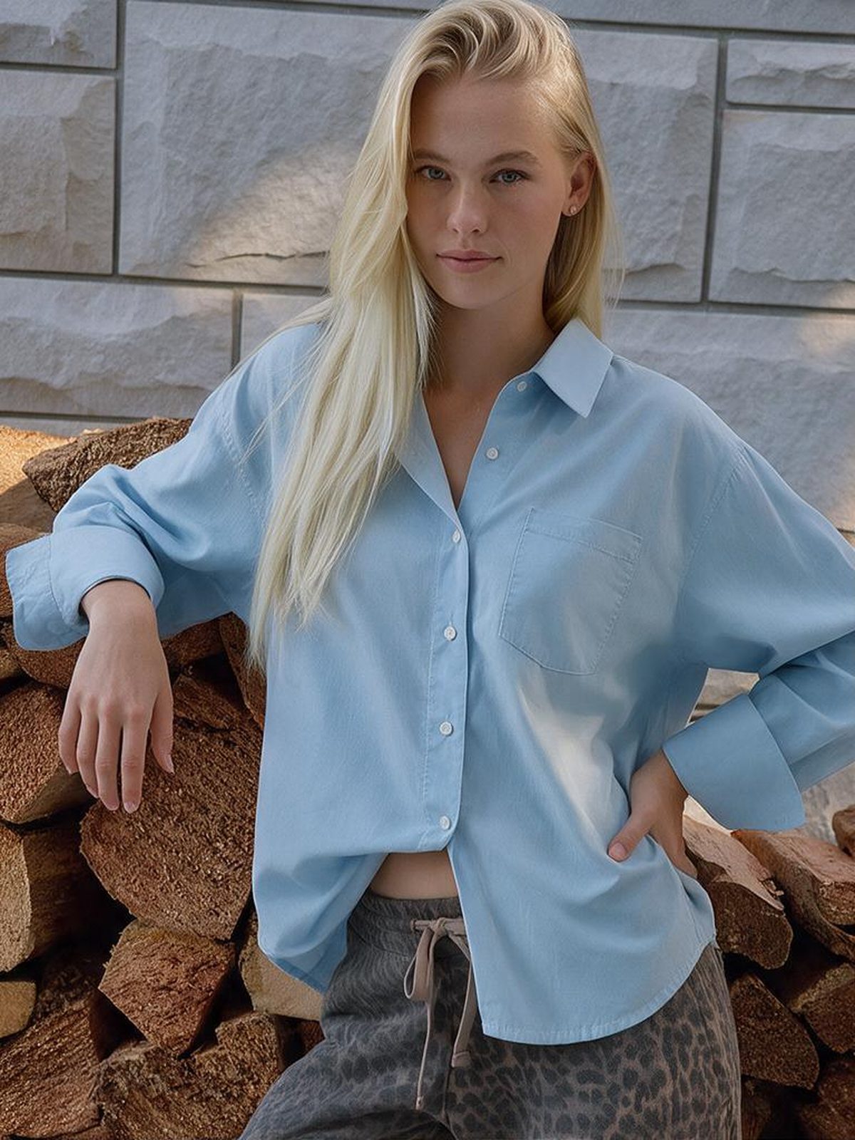 Asian Korean Style New Loose-fitting Summer Long-sleeved Pocket Shirt