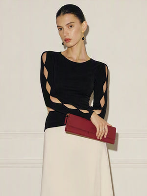 Sexy Long-sleeved Round Neck Solid Color Hollow-out T-shirt