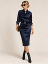Swing Collar Draped Collar Grace Long Sleeve Belt Midi Dresses