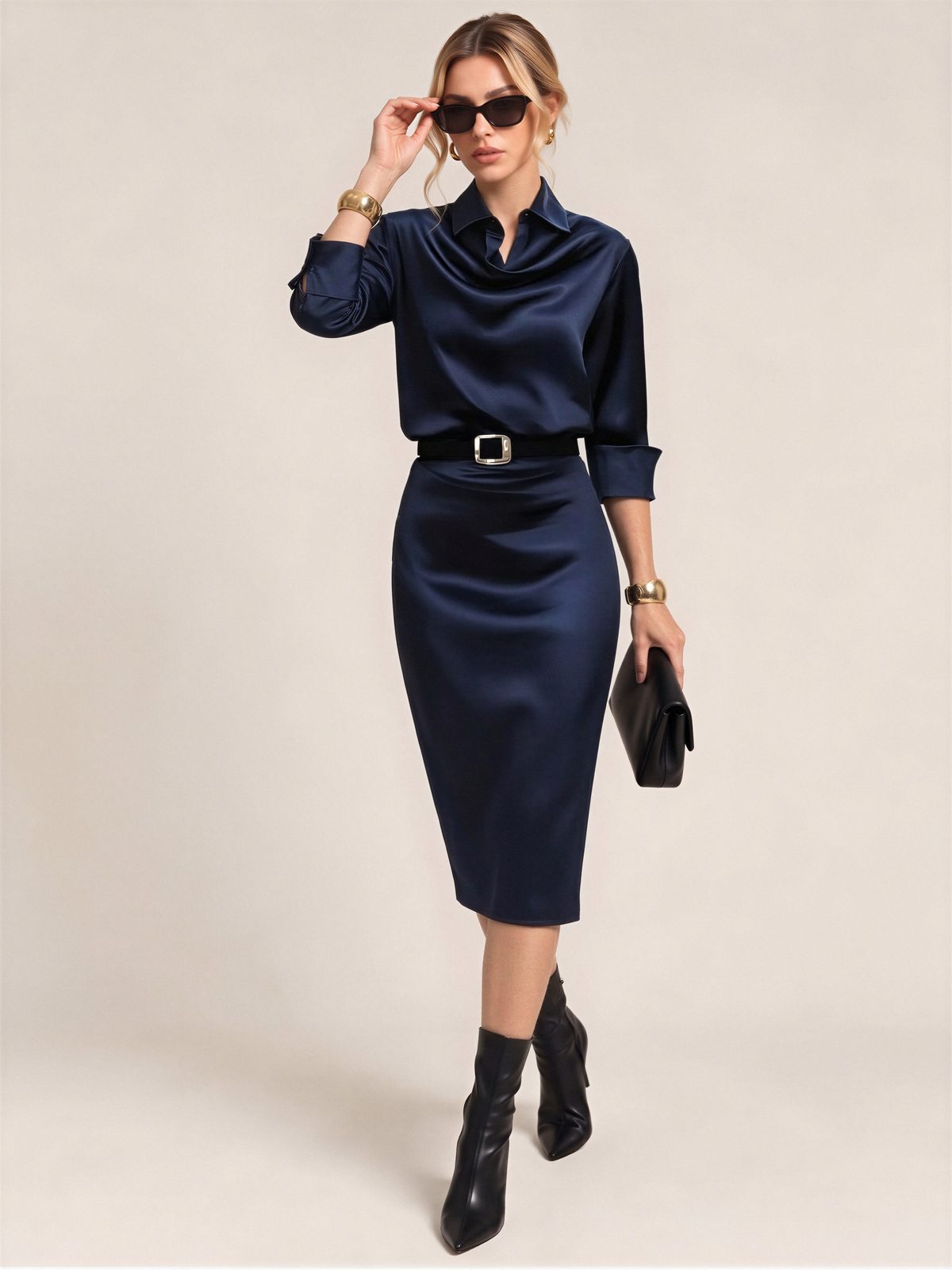Swing Collar Draped Collar Grace Long Sleeve Belt Midi Dresses