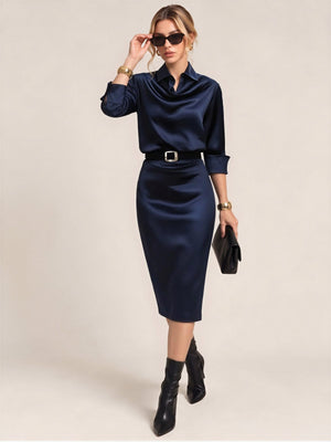 Swing Collar Draped Collar Grace Long Sleeve Belt Midi Dresses