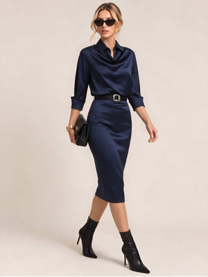 Swing Collar Draped Collar Grace Long Sleeve Belt Midi Dresses