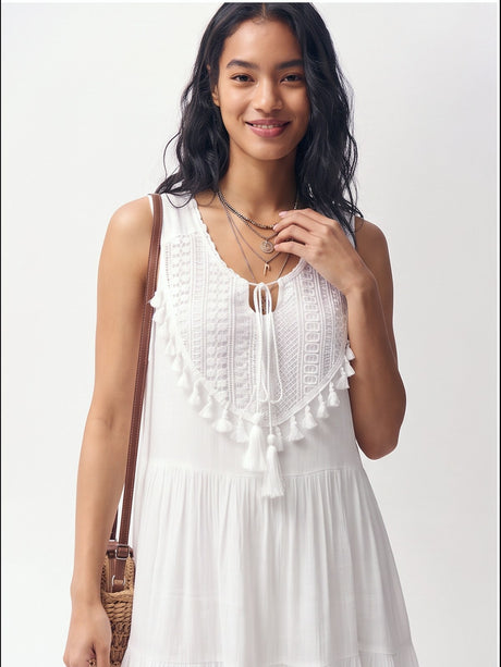 Lace Trim V-neck Sleeveless Tassel Tie Mini&Short Dresses