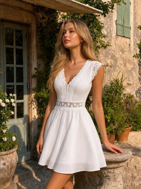 Lace Trim Openwork Jacquard V-neck, Fitted Waist Flying Sleeves Mini&Short Dresses