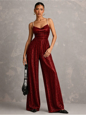 Wide-leg Pants Camisoles Waist Metallic Color Jumpsuits