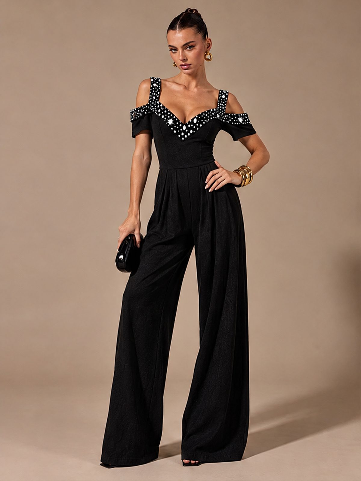 Polka Dot Print Off-shoulder Wide Leg Jumpsuits