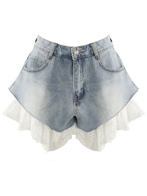 Straight-leg Patchwork Lace Denim Shorts
