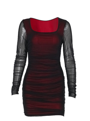 Fitted Mesh Long-Sleeved Bodycon Deep Red Short Dress