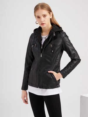 Hooded Removable 2-piece Sets Leather Jacket
