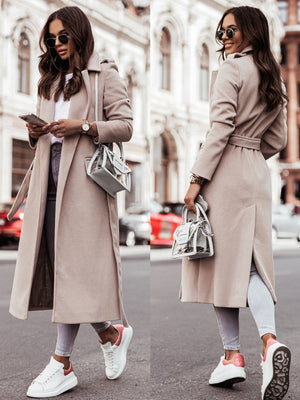 Simple Long-sleeved V-neck Tie Woolen Solid Color Coats