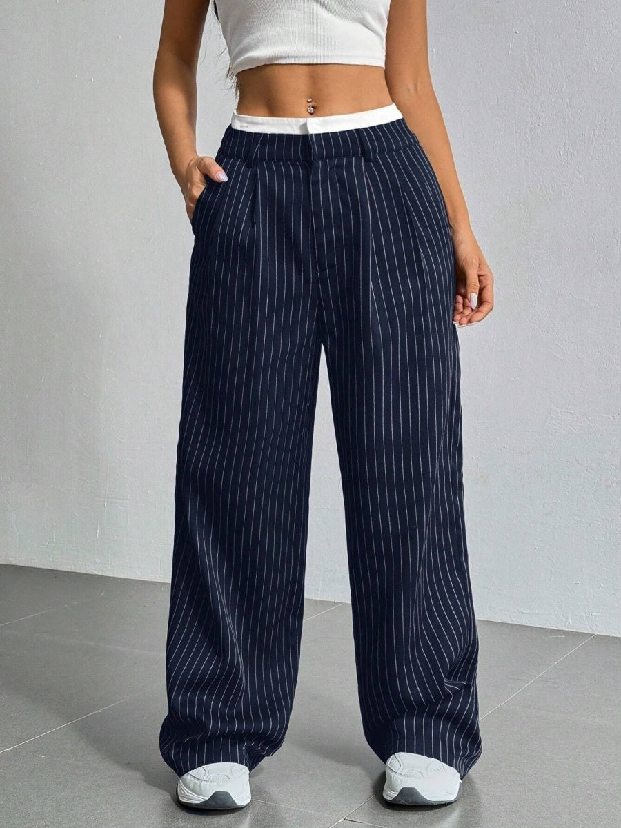 High Waist Color Matching Simplicity Drape Stripes Straight Wide Leg Pants