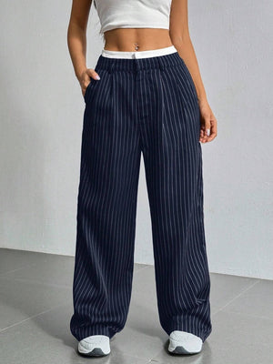 High Waist Color Matching Simplicity Drape Stripes Straight Wide Leg Pants