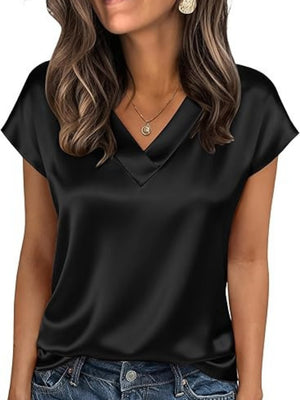 V-neck Satin Leisure Solid Color T-shirts