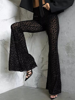 Perspective Mesh Flocked High-waisted Leg-lengthening Slightly Flared Casual Trousers