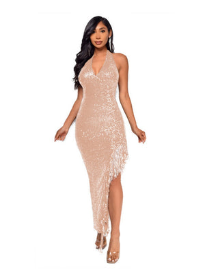 Open Back With Slit Sleeveless Halter Neck With Tassels And Sequins Maxi Dresses