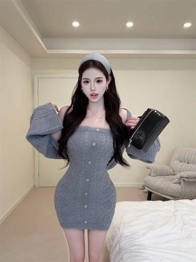 Knitted Elegant Fashion Set: Long-sleeved, Waist-cinching Sweater And Strapless Dress Two-Piece Set