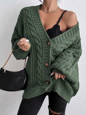 Loose Cable Knit Lantern Sleeve Cardigan