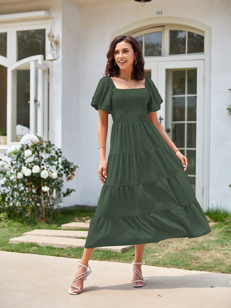 Square Neck, Backless, Puff Sleeve, Pleated Short-sleeved Long Dress