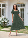 Square Neck, Backless, Puff Sleeve, Pleated Short-sleeved Long Dress