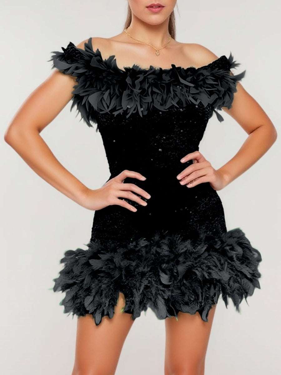 Sequined Backless Off Shoulder Feather Hip Mini&Short Dresses