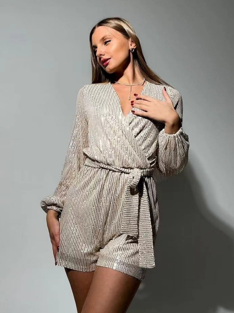Sequins Long Sleeve V-neck Mini&Short Dresses