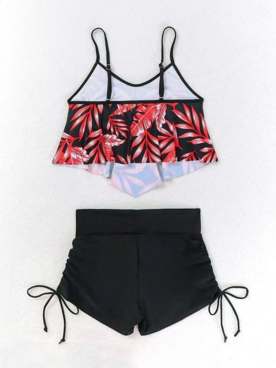 Leaf Print Ruffled Drawstring Boxer Shorts Bikini